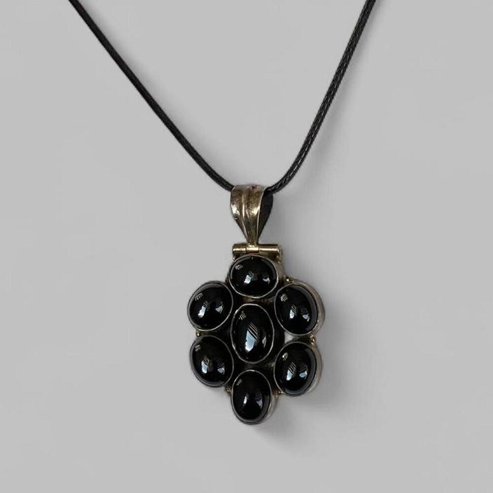 Vintage Sterling Silver Black Stone Flower Shaped Pendant on a Black Cord! 🖤